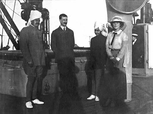 On board the Maloja, the young Maharaja of Jodhpur, aged 13, with his guardian Thakur Dhokal Singh (left) and Sylvia Brooke (right). Both Indians became close friends of Lilah. The Maharaja was allowed to attend the Durbar on condition that he returned immediately after to his British school, Wellington College.