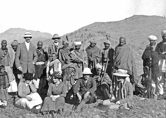 Lilah (sitting second left) on the Khyber Pass at the furthermost border of the British frontier with an armed escort