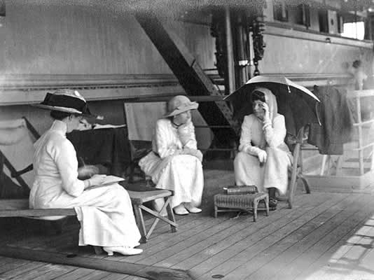 On board the Malwa, Alice Teck (left), Mrs Fitzroy and Lady Adelaide Colville